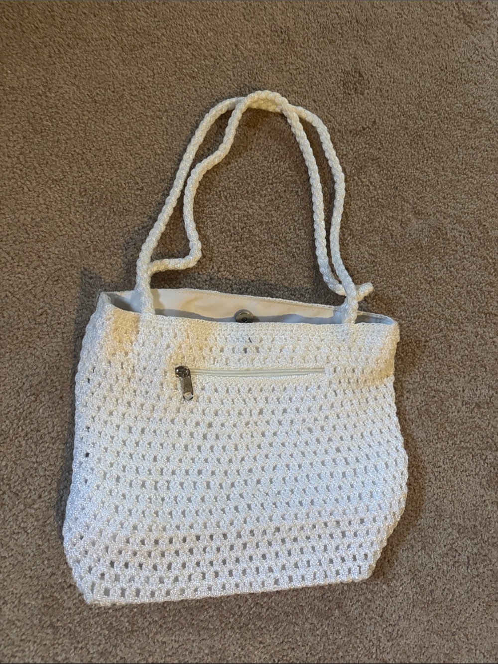 White Crochet Rope-Handle Tote Bag